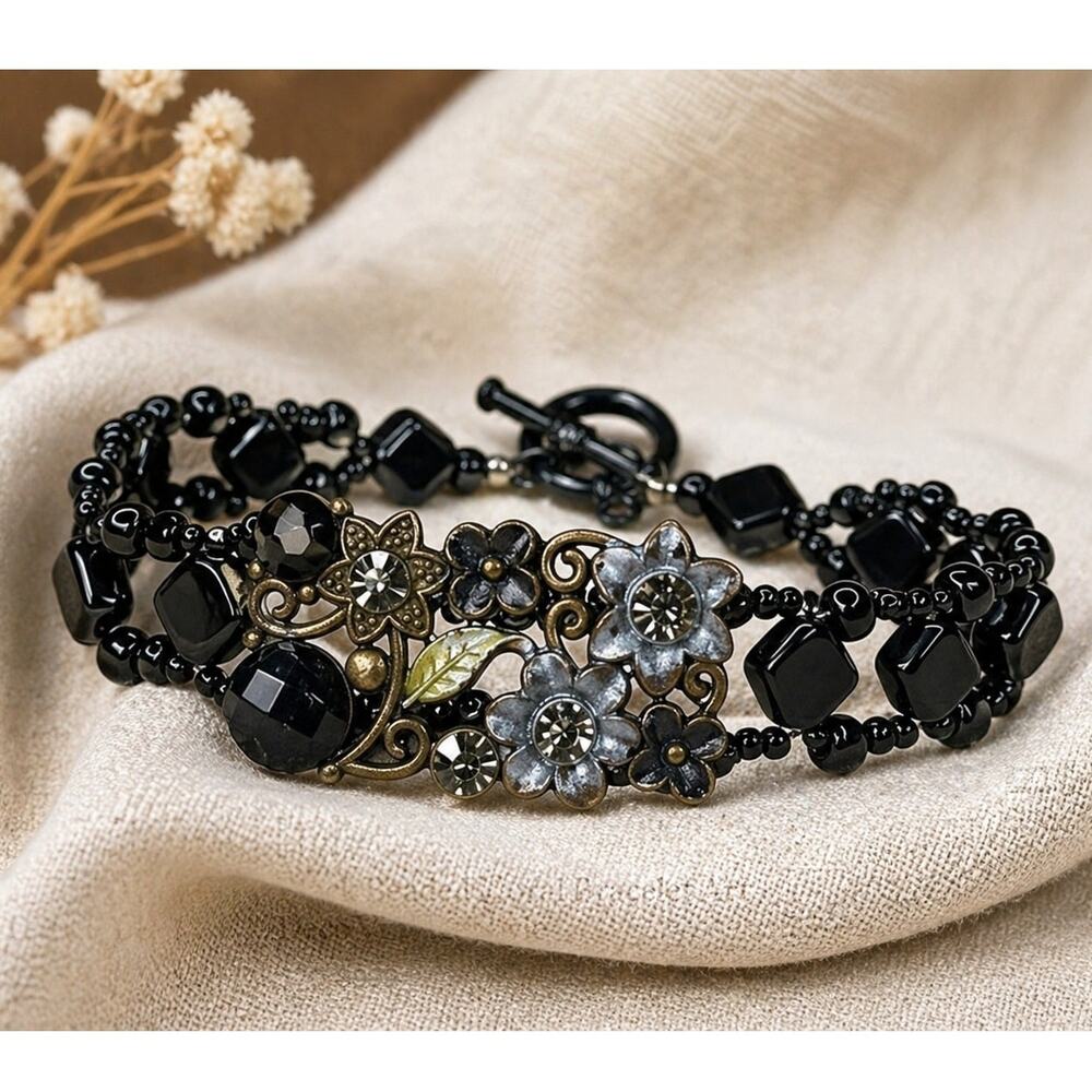 Black Beaded Floral Bracelet Art Deco Style Vintage Look Statement Jewelry